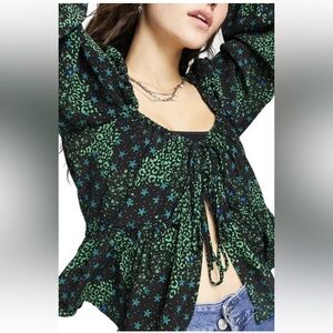 Topshop Black and Green Star Print Blouse